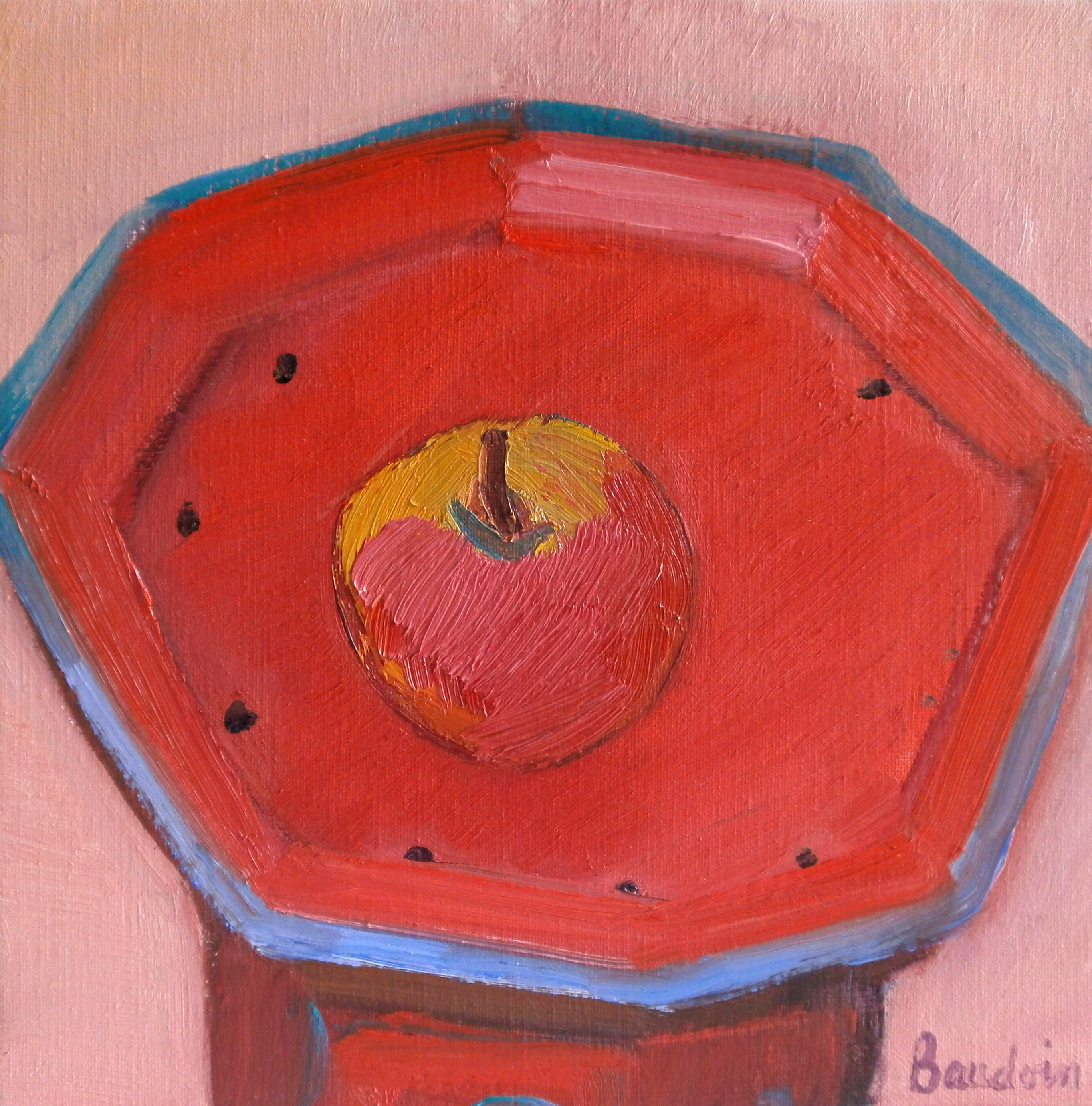 Une pomme sur la petite table rouge Huile sur toile 30x30